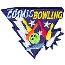 Cosmic Bowling, Pins, Ball, Bowl, Lightning, Stars, Patch, Embroidered Patch, Merit Badge, Crest, Girl Scouts, Boy Scouts, Girl Guides