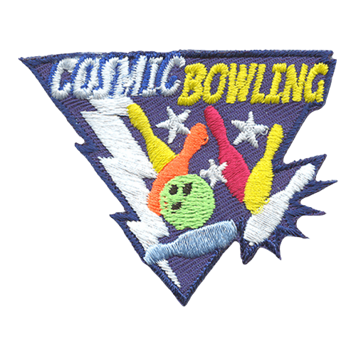 A bowling ball knocks several pins over. A lighting bolt stops in front of the ball. The words Cosmic Bowling are stitched above.