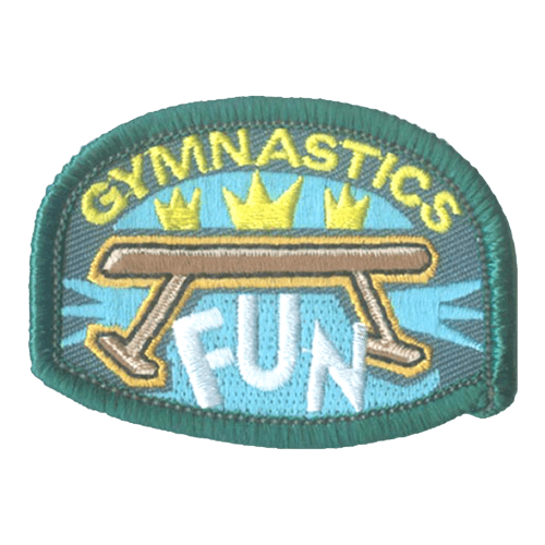 The words Gymnastics Fun are stitched around a hurdle.