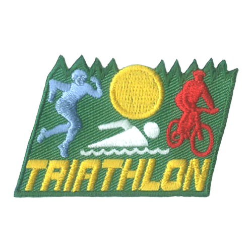 Three fingers are depicted above the word Triathalon: a blue runner, a white swimmer, and a red biker.