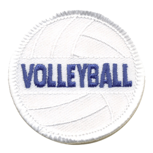 A white volleyball with the word Volleyball stitched in the center with blue thread.