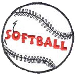 A white baseball with the words softball in red in the center.