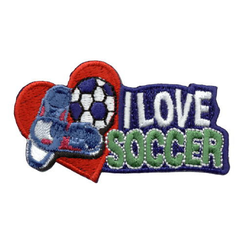 A soccer ball and cleats rest inside a big red heart. The words I Love Soccer are embroidered to the right of the heart.