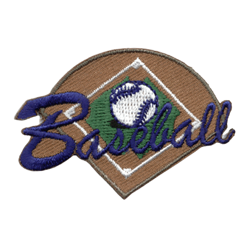A baseball sits in the middle of a baseball field. The word Baseball is stitched in cursive overtop of it.