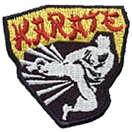 This patch depicts a white silhouette of a black belt grade karate student wearing a karate gi as he kicks out. The word Karate is written in red stylized letters at the top.