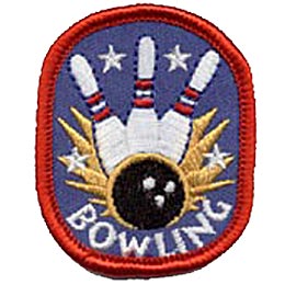 This oval patch shows three bowling pins being struck by a bowling ball. Yellow spikes and stars shoot out from the impact and the word ''Bowling'' rests below it all.
