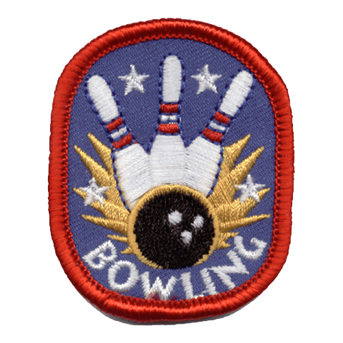 A set of three bowling pins are being struck with a bowling ball. The word Bowling is stitched below.