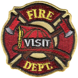 A fireman\'s hat sits on top of crossed axes, which itself is in front of the fire crest. From top to bottom the text reads \'Fire Visit Dept.\'