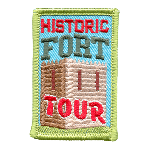 The words Historic Fort Tour are stitched on top of the tower of an old fort.