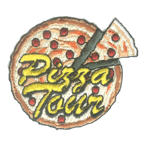 A pepperoni pizza with a slice being taken from it. The words Pizza Tour are on top of the pizza.