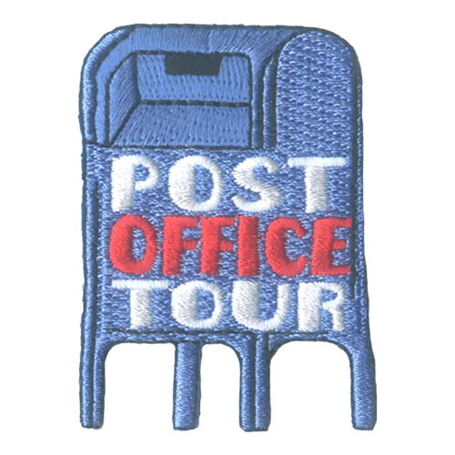 A blue mailbox with the words Post Office Tour on it.