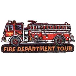 A fire truck drives towards the left of the screen and over top of the words ''Fire Department Tour.''