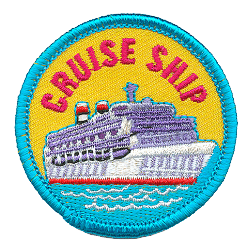 A large cruise ship sales on a blue sea. The text 'Cruise Ship' is embroidered above the image of the ship.