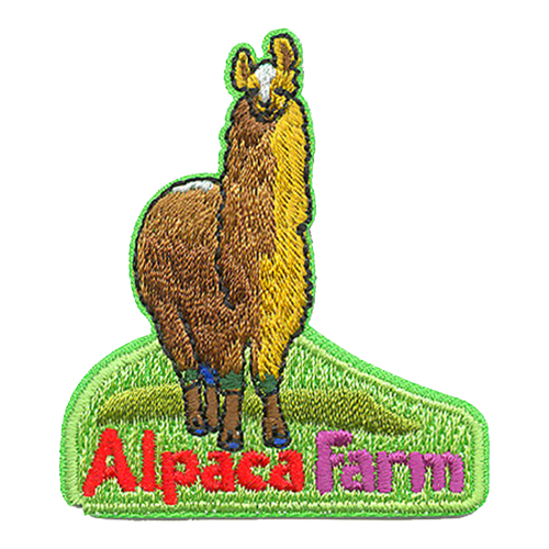 A golden brown alpaca stands on a patch of green grass. Under the alpaca are the words Alpaca Farm.