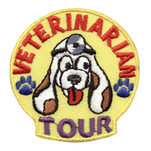 A dog with a head mirror and its tongue out is in the center. The words Veterinarian Tour are above and below, with two blue paw prints at the start and end.