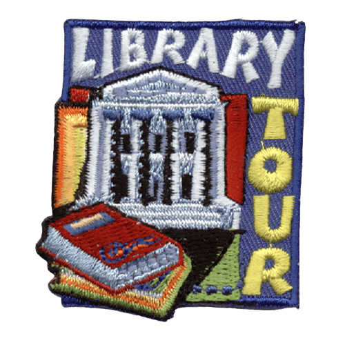 This square patch has a white library building and two books depicted on it. The word ''Library'' is written at the top and ''Tour'' is embroidered down the right hand side.