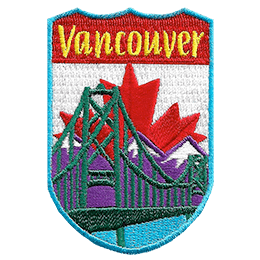 A suspension bridge in front of the Canadian Rockies and the Canadian flag. The name Vancouver is over it.