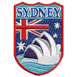 The word Sydney over the Union Jack and the Sydney opera house.
