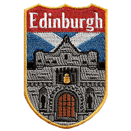 A large castle is in front of the Scottish Flag. The name Edinburgh is at the top of the shield-shaped patch.
