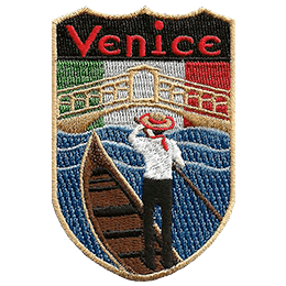 The word Venice is above a gondolier rowing toward the flag of Italy. 