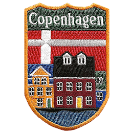 Copenhagen is embroidered above a city street. The flag of Denmark replaces the sky.