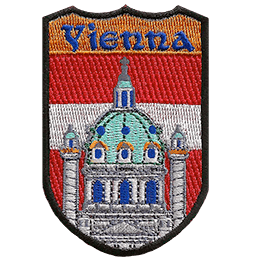 The name Vienna is above the church of Rektoratskirche St. Karl Borromaus, commonly called Karlskirche. In the background is the flag of Austria.