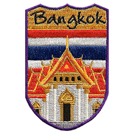 Bangkok is embroidered above an orange, Thai-style building. The flag of Thailand replaces the sky.