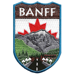 The name Banff is above a mountain landscape and road. The Canadian flag replaces the sky.