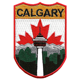 The name Calgary is at the top of the patch. The Calgary Tower is in the center in front of the mountains. The Canadian flag replaces the sky.