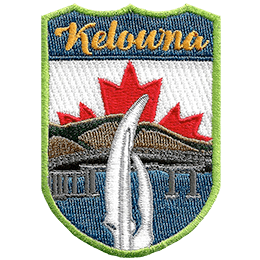 The name Kelowna is above the Kelowna sails. The sky is replaced by the Canadian flag.