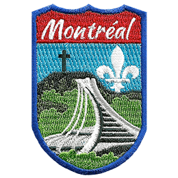The Olympic Stadium of Montréal is in front of the flag of Montréal. The name Montréal is at the top.