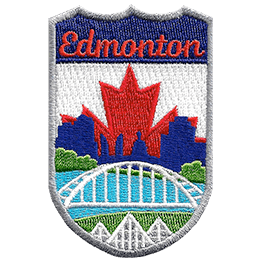 This emblem has the name Edmonton at the top on a blue background. In the section below, the name is Edmonton's famous landmarks. From bottom to top are the three pyramids of the Muttart Conservatory, the Waterdale Bridge, the North Saskatchewan River, and downtown Edmonton (including the Legislature Building). The background is a red maple leaf on a white backing.