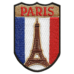 The Eiffel tower is in front of the flag of France. The name Paris is above it.