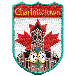 This shield-shaped crest has the text Charlottetown at the top. The iconic clock in front of Charlottetown city hall is displayed with the flag of Canada behind it.