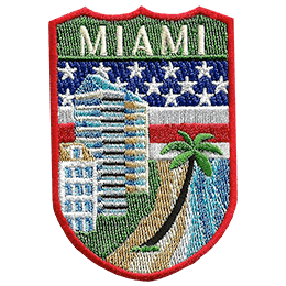 The word Miami is below a collection of symbols from Miami, such as a palm tree and a beach.