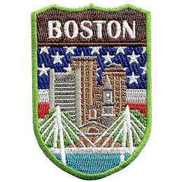 The skyline of Boston is in front of the flag of America. The name Boston is at the top.