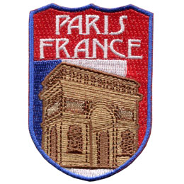 The Arc de Triomphe is in front of the French flag and under the words Paris France.