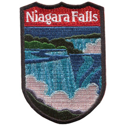The words Niagara Falls are above the Niagra Falls in a simplified-realistic style. 