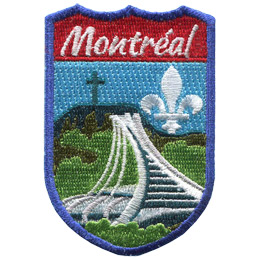 This emblem has the name 'Montréal' at the top on a red background. In the section below the name is Montréal's famous landmark, the Olympic Stadium  with the Mount Royal Park in the background.