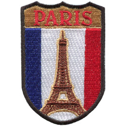 This emblem has the name Paris at the top on a gold background. In the section below the name is the blue, white, and red vertical bars of the flag of France. Front and center is the Eiffel Tower.
