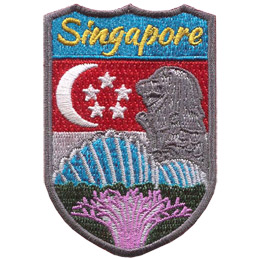This shield shaped patch has the flag of Singapore in the background and the Merlion, shells, and coral in the front. The name 'Singapore' is at the top.