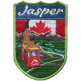 This crest displays the Jasper Sky Tram overlooking the beautiful view of forest, rivers, and the Rocky Mountains of Jasper National Park. Behind the spectacular view is the Canadian flag and the words \'Jasper\'.