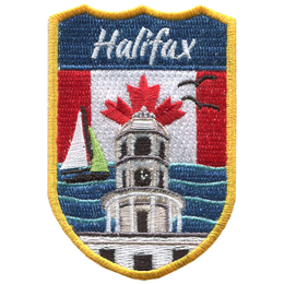 This crest displays the lighthouse of Peggy\'s Cove of Halifax surrounded by ocean waves, a sail boat, and gulls. In the background is the Canada flag.