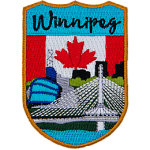 The word Winnipeg is above the Esplanade Riel, a famous bridge in Winnipeg. The Canadian flag replaces the sky.