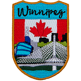 The word Winnipeg is above the Esplanade Riel, a famous bridge in Winnipeg. The Canadian flag replaces the sky.