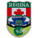Regina is stitched above a football stadium and green helmet. The Canadian flag replaces the sky.