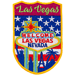 Las Vegas is stitched above a sign that says Welcome Las Vegas Nevada. The background is the USA flag.