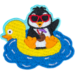 A penguin sits in a pool floaty with a coconut drink.