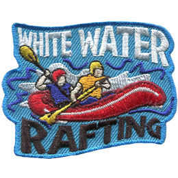 A red raft rocks in the choppy water as two riders paddle. The text White Water is at the top of the crest, and Rafting is at the bottom.