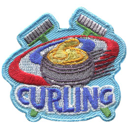 A curling stone sits in front of two crossed brushes with the tri-ringed 'home' in the background. The word 'Curling' sits in the foreground, underneath the stone.